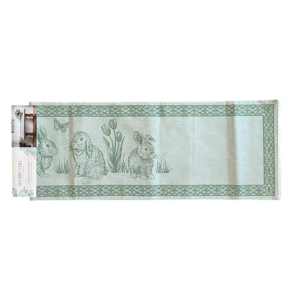 Shabby Chic Bunny Rabbit Cotton 14x72 Table Runner Pastel Green Spring Easter